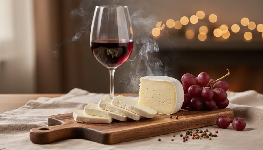 Smoked mozzarella on a plate with herbs and a glass of zinfandel