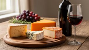 A rustic wooden cheese board with aged Gouda, sharp cheddar, creamy blue cheese, and washed-rind cheese alongside a glass of ruby Zinfandel wine and a bottle.
