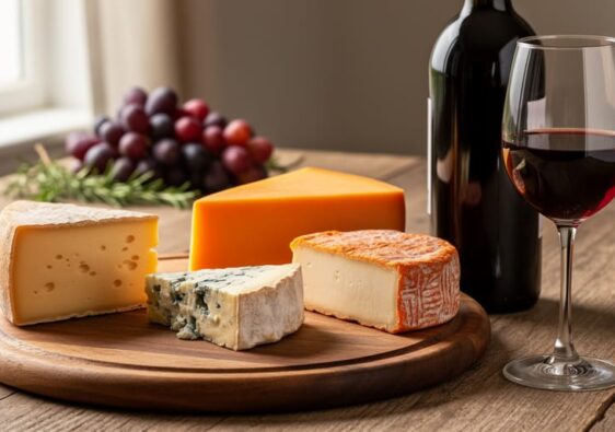 A rustic wooden cheese board with aged Gouda, sharp cheddar, creamy blue cheese, and washed-rind cheese alongside a glass of ruby Zinfandel wine and a bottle.