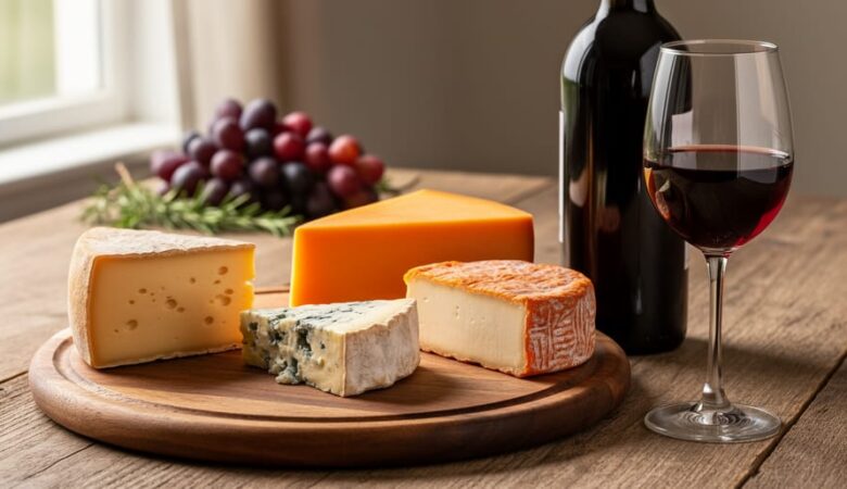 A rustic wooden cheese board with aged Gouda, sharp cheddar, creamy blue cheese, and washed-rind cheese alongside a glass of ruby Zinfandel wine and a bottle.