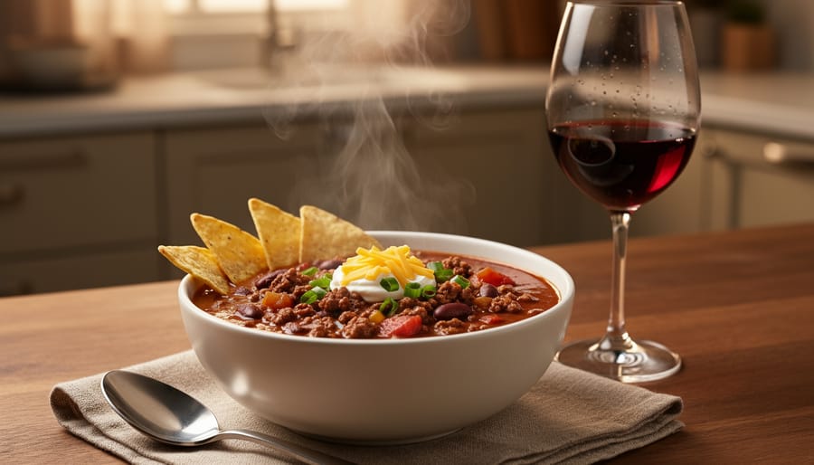 Beef chili in a bowl with toppings, paired with a glass of Zinfandel.