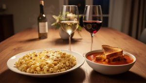 Cozy weeknight dinner table with mac and cheese, grilled cheese with tomato soup, and two wine glasses beside an uncorked bottle.
