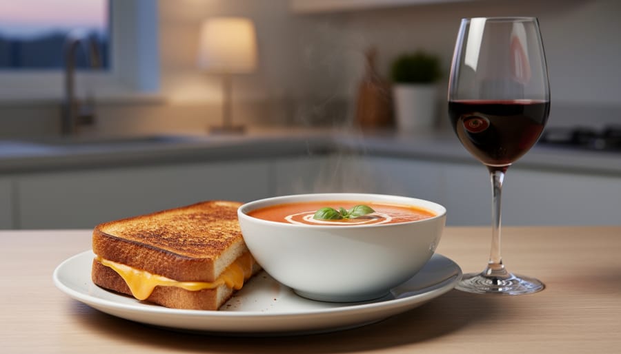 Grilled cheese and tomato soup with a glass of Pinot Noir on a table.