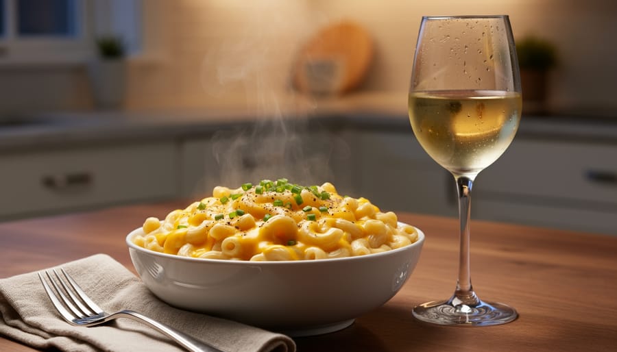 Mac and cheese with a fork lifting melted cheese, paired with a glass of unoaked Chardonnay on a wooden table.
