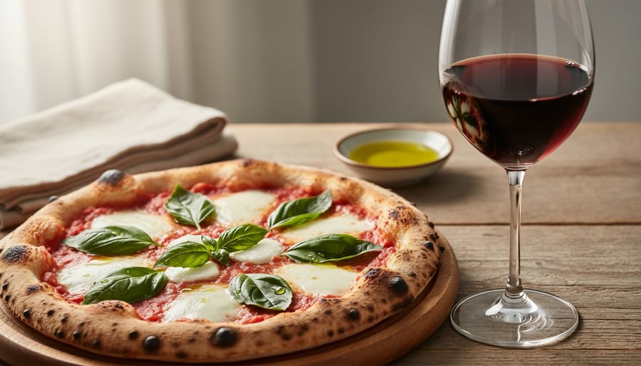 Margherita pizza with fresh basil and mozzarella alongside a glass of Chianti on a wooden board.