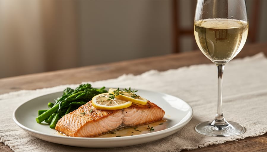 Pan-seared salmon with lemon and herbs served next to a glass of Sauvignon Blanc.