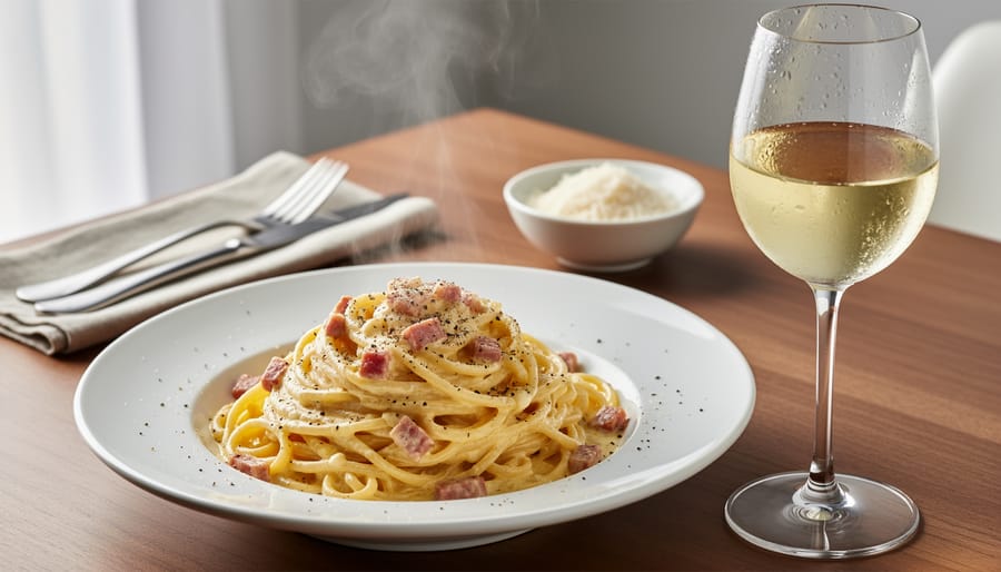 Carbonara pasta with black pepper and crispy pancetta beside a glass of Vermentino with lemon.