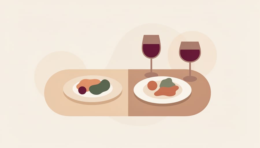 Cozy home dining table with steaming comfort food and wine glasses in a softly lit kitchen setting.