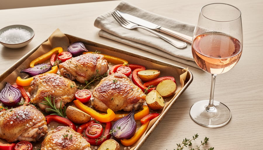 Roasted chicken thighs and vegetables on a sheet pan with a glass of dry rosé.